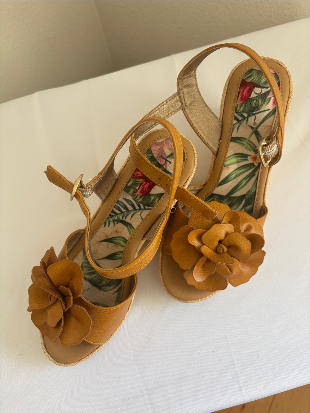 b.o.c. Mustard Floral-Accented Wedge Sandals